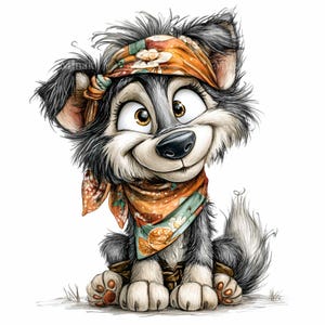 May include: A cartoon illustration of a smiling wolf cub with big eyes. The wolf is wearing a bandana and scarf with an orange and green floral pattern. The cub has gray and white fur and is sitting down.