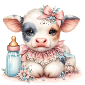 10 bébé vache PNG avec noeud et biberon PNG Clipart, téléchargement numérique, art animalier de la ferme mignon