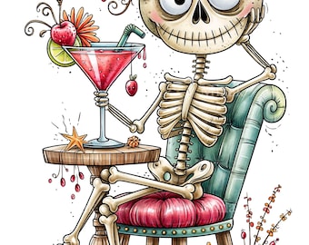 15 PNG squelette cocktail, fauteuil Halloween art floral