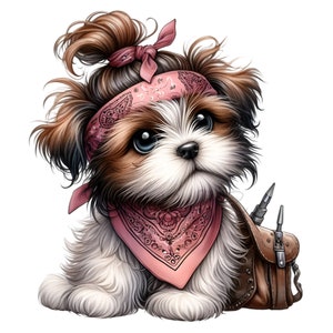 12 Cute Dog PNG Clipart with Pink Bandana, Hair Bun & Tool Belt | Hand Drawn Puppy Illustration for Crafts and Decor