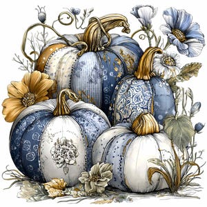 May include: An artistic illustration of several pumpkins in shades of blue, white, and gold, decorated with floral patterns. The pumpkins are surrounded by flowers and foliage, creating a fall harvest theme.