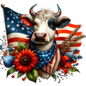 12 imágenes prediseñadas de vaca patriótica PNG, vaca con bandera estadounidense y flores, arte de animales de granja del 4 de julio, diseño de sublimación campestre, imprimible DIY