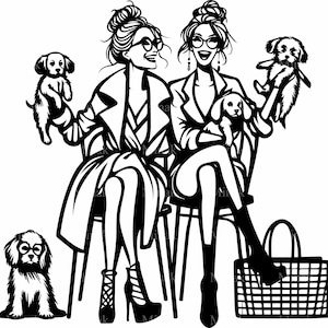5 archivos SVG de corte de perros femeninos, dos mujeres con cachorros sentadas juntas, linda silueta de amante de las mascotas para manualidades de Cricut