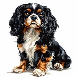 12 Cavalier King Charles Spaniel PNG Clipart - Illustrazione realistica di un cane seduto per amanti degli animali e progetti