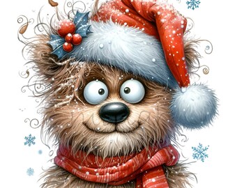 12 Crazy Hair Christmas Bear Png, Funny Dog Santa Hat Graphic Art
