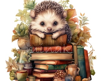 May include: A cute hedgehog with brown and white fur sits on a stack of vintage books. The books are surrounded by autumn foliage and other decorative items, including a small pot, a teacup, and a pine cone.
