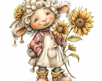 15 PNG Sunflower Lamb Clipart, Sheep Junk Journal Ephemera Farmhouse Nursery