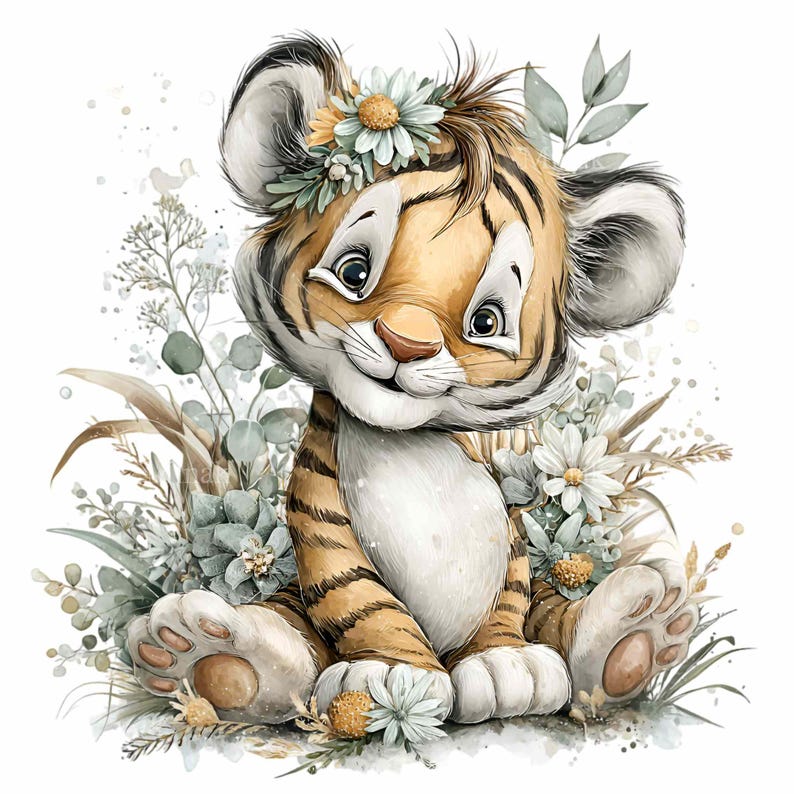 Puede incluir: Ilustraci&oacute;n en acuarela de un adorable cachorro de tigre con una corona floral, rodeado de flores y vegetaci&oacute;n. El tigre tiene rayas naranjas y negras, vientre blanco y ojos grandes y amigables. El tema general es caprichoso e inspirado en la naturaleza.