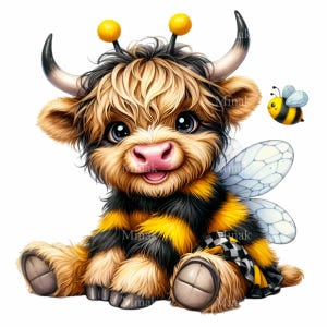 May include: A cute cartoon Highland cow wearing a bee costume with yellow and black stripes, wings, and antennae. The cow is sitting with its legs crossed and has a friendly expression on its face. A small bee is flying next to the cow.