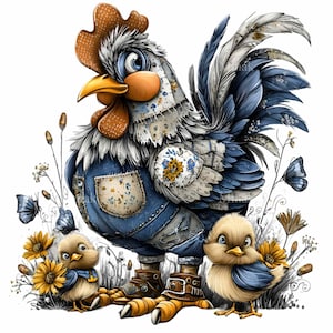 12 PNG Farm rooster clipart – Chicken PNG with chicks for kids crafts, floral folk art printable for farm decor, cards and sublimation