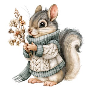May include: A watercolour illustration of a squirrel wearing a white cable-knit jumper and a grey scarf. The squirrel holds a bouquet of dried flowers. The squirrel has a fluffy tail and is set against a white background.