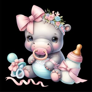 May include: A cute cartoon hippo with a pink bow, flower crown, and pacifier. The hippo is wearing a blue diaper and is surrounded by a baby bottle, a rattle, and pink ribbons. The image has a black background.