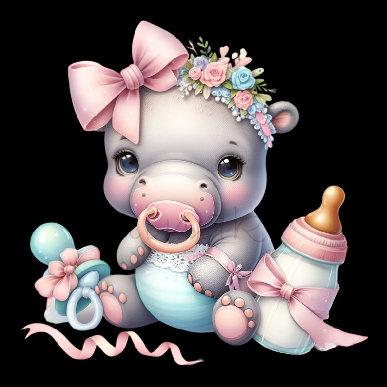 May include: A cute cartoon hippo with a pink bow, flower crown, and pacifier. The hippo is wearing a blue diaper and is surrounded by a baby bottle, a rattle, and pink ribbons. The image has a black background.