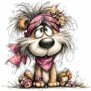 May include: A whimsical cartoon illustration of a dog with a distressed expression. The dog has brown and white fur, a large black nose, and big, expressive eyes. It wears a pink bandana, scarf, and wristbands, with a matching pink ball at its feet.