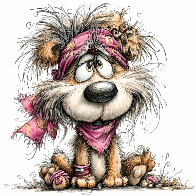 May include: A whimsical cartoon illustration of a dog with a distressed expression. The dog has brown and white fur, a large black nose, and big, expressive eyes. It wears a pink bandana, scarf, and wristbands, with a matching pink ball at its feet.