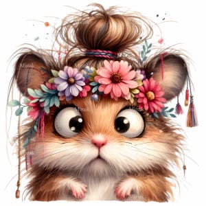 Lindo conejillo de indias PNG clipart con corona de flores y moño, 12 adorables ilustraciones de mascotas para proyectos digitales