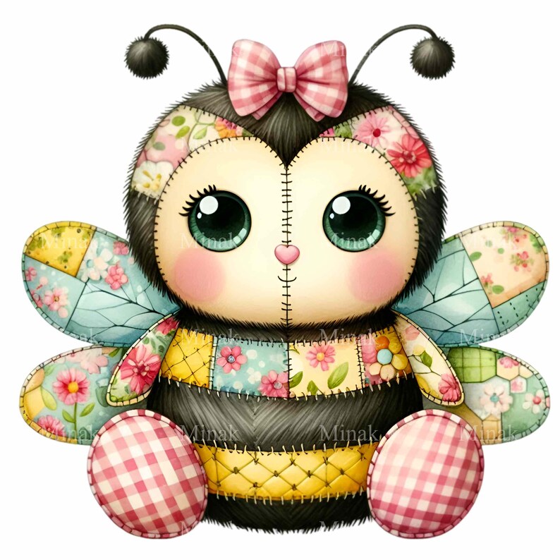 12 PNG Patchwork Bumble Bee Floral Quilt Clipart, Nursery Watercolor - Etsy