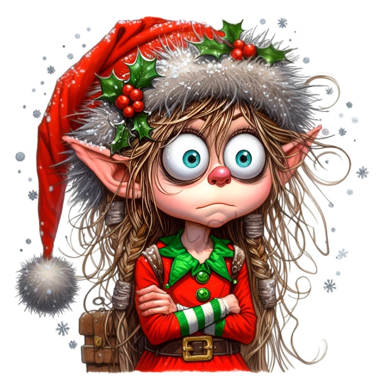 Puede incluir: Un elfo de Navidad con el pelo largo y casta&ntilde;o, que lleva un gorro de Pap&aacute; Noel rojo con ribete de piel blanca y una rama de acebo verde, mira a la c&aacute;mara con una expresi&oacute;n seria. El elfo lleva un atuendo navide&ntilde;o rojo y verde y tiene los brazos cruzados.