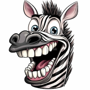 Puede incluir: Una cebra de dibujos animados con la boca muy abierta, mostrando sus dientes y lengua. La cebra tiene rayas blancas y negras y ojos grandes y redondos.