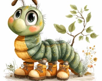 20 chenilles avec des bottes (PNG), chaussures vertes et orange amusantes, feuilles, branches de jardin