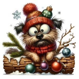 15 divertenti clipart PNG di cani natalizi con cappello, sciarpa e ornamenti su un tronco innevato per sublimazione natalizia, biglietti d'auguri e decorazioni invernali