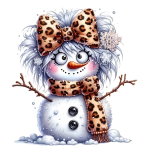 12 PNG Leopard Schneemann Clipart - Winter Mädchen PNG - Lustige Schneefrau Kunst für Weihnachtshandwerk, Feiertags-Shirts, Karten oder Sublimation