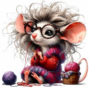 12 cliparts de souris à tricoter PNG - Fil animal PNG - Art drôle de souris de grand-mère pour une décoration de chambre, des étiquettes DIY et des étiquettes cadeaux faites main