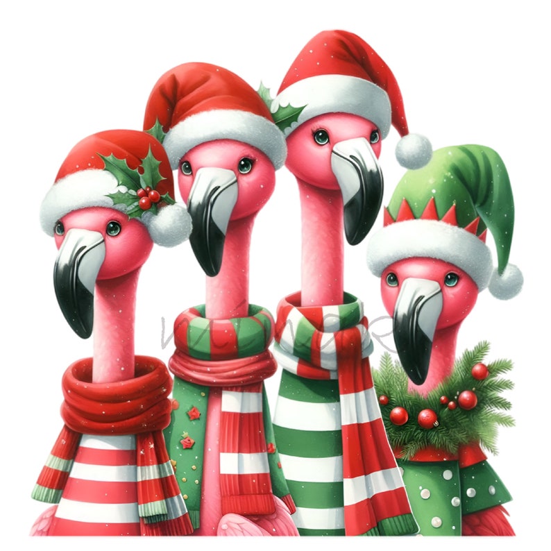 May include: Four pink flamingos wearing festive Christmas attire. Each flamingo is adorned with a Santa hat or elf hat, and a scarf or sweater in red and green. The image has a white background.
