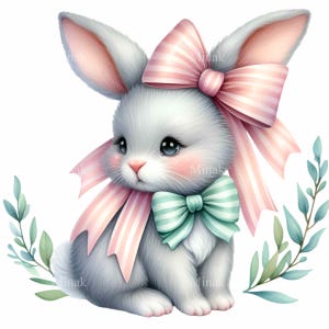 17 PNGかわいいウサギのクリップアートPNG、パステルカラーのストライプのリボンが付いた白いウサギ、愛らしい春の動物アート、イースター昇華、DIY印刷可能なデザイン