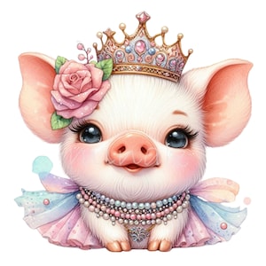 Pig Clipart PNG, 15 Watercolor Cute Piglet Farm Animal Clip Art, Princess Crown Printable, Pastel Cute Baby Pig, DIY Card Making