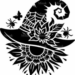 Archivo de corte SVG de sombrero de bruja de girasol (6 unidades), sombrero de Halloween con arañas y detalles florales, clipart botánico de otoño para manualidades de Cricut
