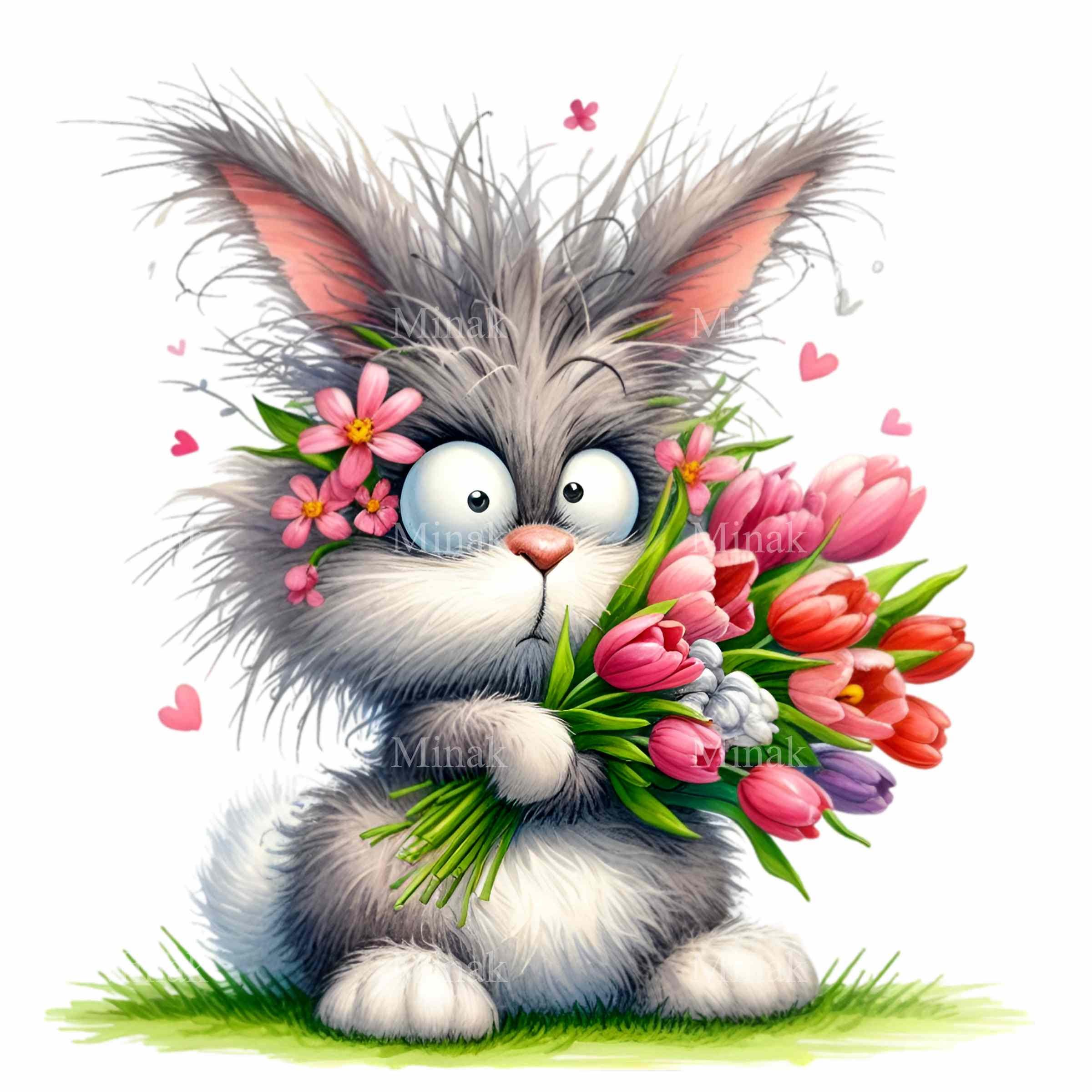 12 PNG Messy Hair Bunny Clipart, Tulip Flower Rabbit Sublimation ...