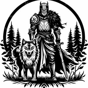 5 SVG Wolf Ritter SVG-Schnittdatei – Mittelalterlicher Krieger mit Schwert und Wolf Clipart – Waldheld Kunst für Cricut & Silhouette