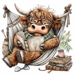K&ouml;nnte beinhalten: Eine skurrile Illustration einer Hochlandkuh, die in einer H&auml;ngematte liegt, eine Brille und einen gr&uuml;nen Schottenkaro-Schal tr&auml;gt und in einem Buch liest. Ein Stapel B&uuml;cher und eine kleine Teekanne sind in der N&auml;he. Die Kuh hat langes, zotteliges braunes Fell und gro&szlig;e H&ouml;rner.