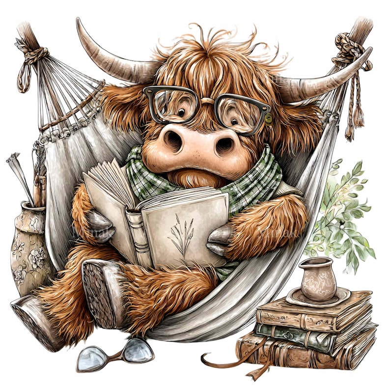 K&ouml;nnte beinhalten: Eine skurrile Illustration einer Hochlandkuh, die in einer H&auml;ngematte liegt, eine Brille und einen gr&uuml;nen Schottenkaro-Schal tr&auml;gt und in einem Buch liest. Ein Stapel B&uuml;cher und eine kleine Teekanne sind in der N&auml;he. Die Kuh hat langes, zotteliges braunes Fell und gro&szlig;e H&ouml;rner.
