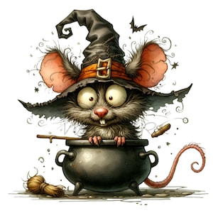 14 PNG drôle de souris de sorcière, rat mignon d'Halloween dans le chaudron avec le chapeau magique, clipart animal effrayant