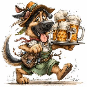 Op de afbeelding: Een cartoon illustratie van een Duitse herdershond in Beierse kleding, met een dienblad met vier overvolle bierpullen. De hond draagt een hoed, sjaal en schort, met een tas. De hond lacht met zijn tong uit.