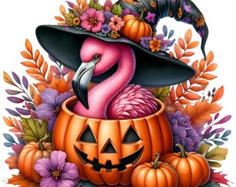 10 PNG Flamingo Pumpkin Clipart, Witch Hat Fall Floral Bird Autumn