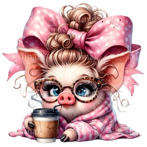 Clipart de cerdito - 12 cerditos lindos con anteojos, lazo rosa y taza de café Arte digital PNG para manualidades y sublimación