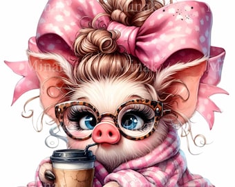 12 Schweine mit Schleife trinken Kaffee (PNG), Leopardbrille, Ferkel am Morgen (Clipart)