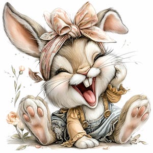 May include: A whimsical illustration of a laughing bunny wearing a peach-colored bow and headband. The bunny is dressed in denim overalls and a yellow top, with its mouth wide open. Soft floral accents surround the bunny, creating a cheerful, spring-like scene.