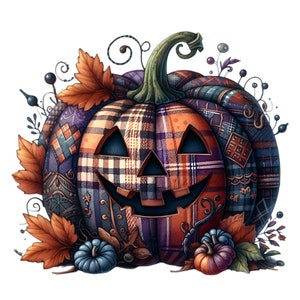May include: A patchwork pumpkin with a carved jack-o'-lantern face. The pumpkin is decorated with fall leaves and vines.