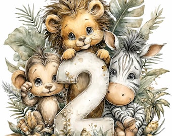 9 PNG Dschungeltiere Zahl 2 Clipart - Safari Zweiter Geburtstag PNG für Partyeinladungen, Babyparty-Dekor, Kinderzimmer-Kunst & Basteln