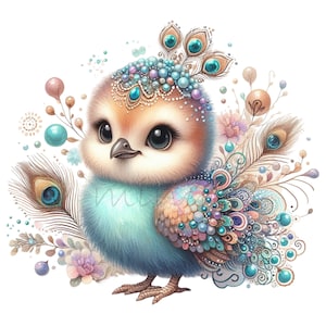 12 PNG Peacock Chick Clipart – Cute Bird PNG with Jewels and Feathers – Whimsical Baby Animal Art for Kids Decor, Crafts, Sublimation
