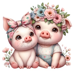 10 PNG Lindo cerdo PNG – Clipart de cerdito bebé con diademas y monos florales – Arte animal kawaii para decoración infantil, manualidades, pegatinas, sublimación
