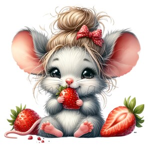14 PNG Topo fragola – Topo carino PNG – Clipart di animali kawaii per regali per gli amanti della frutta, lavoretti estivi per bambini, abbigliamento per neonati