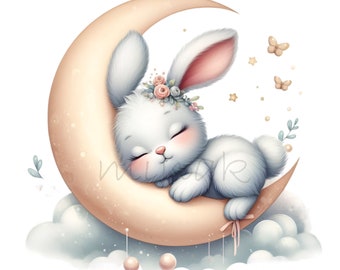 10 PNG Sleeping bunny clipart – cute rabbit on moon with flowers, nursery wall art, baby shower woodland animal decoration
