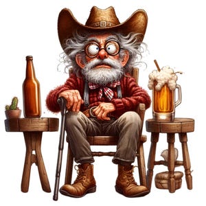 12 Funny Cowboy Clipart PNG - Quirky Old Cowboy with Glasses, Beer, and Rustic Decor, Digital Download Art