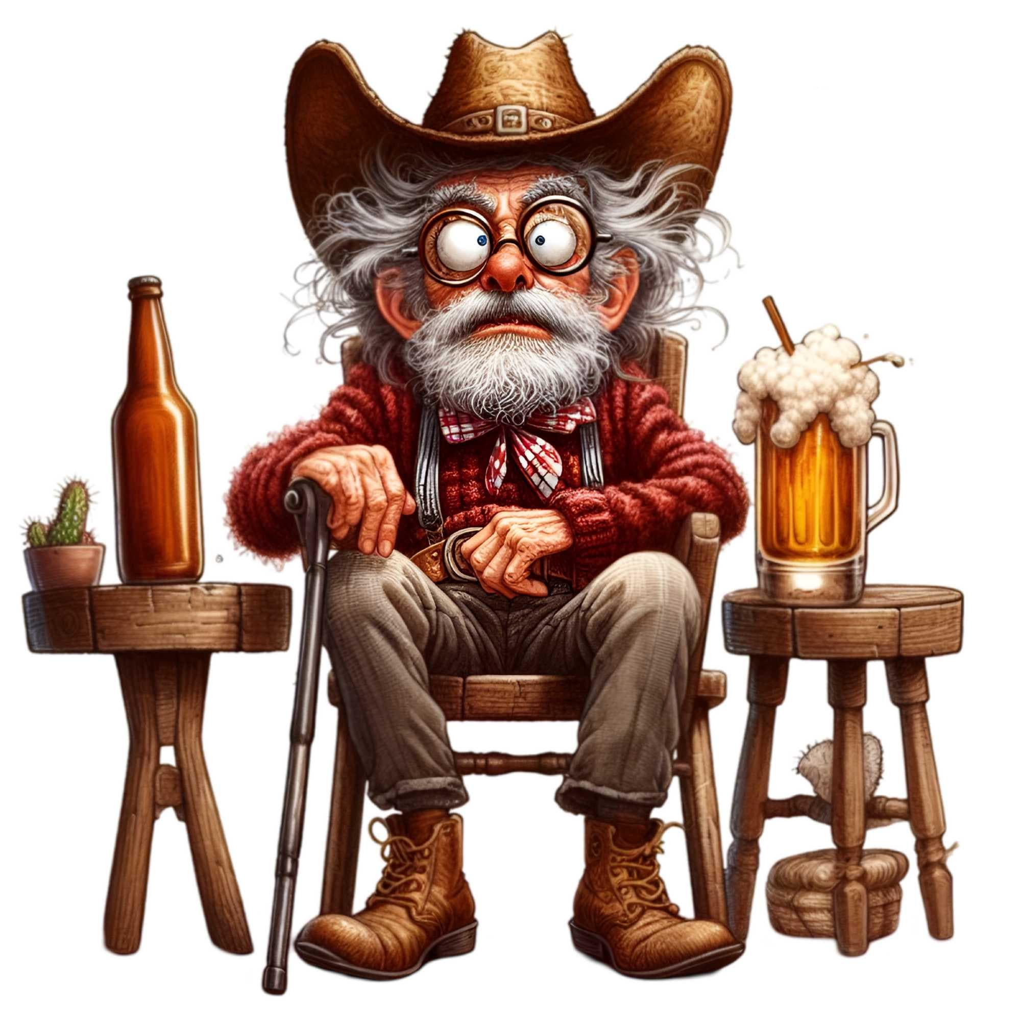 12 Funny Cowboy Clipart PNG - Quirky Old Cowboy with Glasses, Beer, and Rustic Decor, Digital Download Art