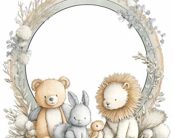 15 Nursery Animal Frame PNG, Bear Lion Hare Border Sublimation Watercolor Graphic